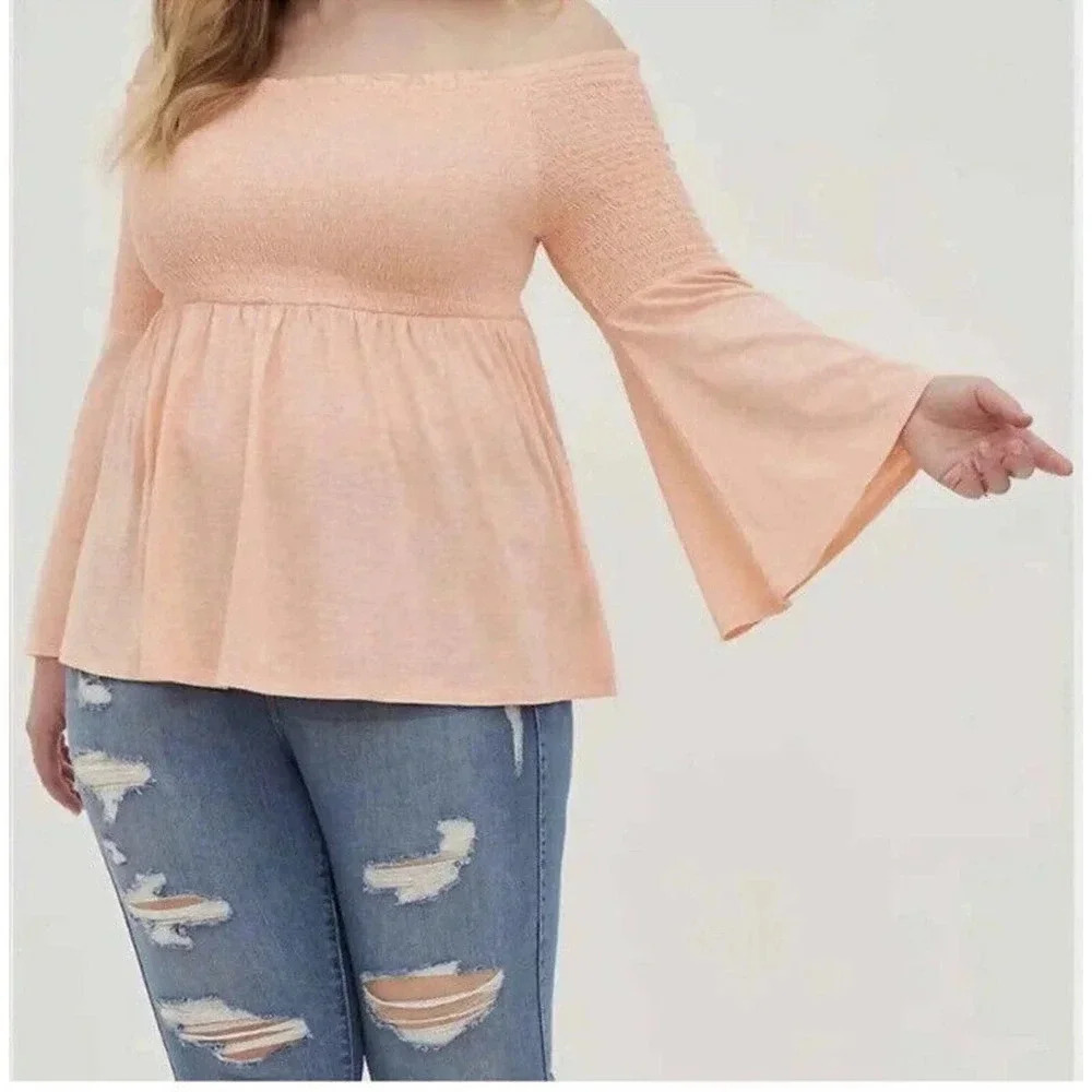 Torrid Smocked Cold Shoulder Peach Long Sleeve Babydoll Top 3X